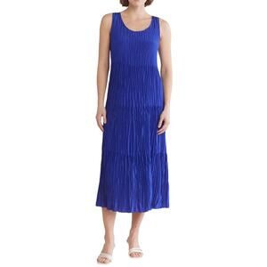 Eileen Fisher Blue Sleeveless Crushed Silk Tiered Maxi Dress Size XS
